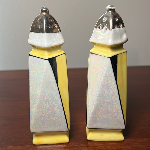 VTG Art Deco Style Yellow Black White Lustreware Salt & Pepper Shaker Set - Picture 3 of 7